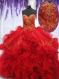 Sweetheart Sleeveless Brush Train Lace Up Quince Ball Gowns Red Organza and Taffeta