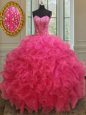 Deluxe Organza Sweetheart Sleeveless Lace Up Beading and Ruffles Quinceanera Dress in Hot Pink