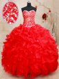 Exceptional Sleeveless Beading and Ruffles and Pick Ups Lace Up Quinceanera Dresses with Red Brush Train