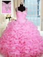 Straps Sleeveless 15th Birthday Dress Floor Length Beading and Ruffles Rose Pink Organza