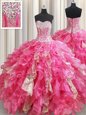 Straps Sleeveless Vestidos de Quinceanera Floor Length Beading and Ruffles Rose Pink Tulle