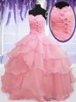 Wonderful Baby Pink Sleeveless Floor Length Beading and Hand Made Flower Lace Up Quinceanera Gown