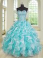 Purple Ball Gowns Organza Sweetheart Sleeveless Beading and Ruffles and Sequins Floor Length Lace Up Quinceanera Dresses