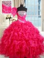 Strapless Sleeveless Quince Ball Gowns Floor Length Sequins Hot Pink Organza