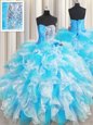 Blue And White Sleeveless Floor Length Ruffles and Sequins Lace Up 15th Birthday Dress
