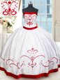 New Arrival White and Red Satin Lace Up Vestidos de Quinceanera Sleeveless Floor Length Beading and Embroidery