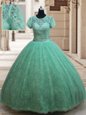 Adorable Scoop Lace Floor Length Ball Gowns Short Sleeves Apple Green Ball Gown Prom Dress Zipper
