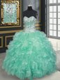 Aqua Blue Lace Up Ball Gown Prom Dress Beading and Ruffles Sleeveless Floor Length