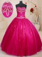 Fuchsia Sleeveless Beading and Sequins Floor Length Quince Ball Gowns