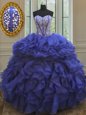 Simple Sleeveless Floor Length Beading and Ruffles Lace Up Quinceanera Gown with Royal Blue