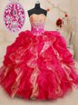 Customized Sweetheart Sleeveless Lace Up Quince Ball Gowns Coral Red Organza