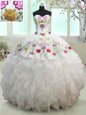 White Organza and Taffeta Lace Up Sweetheart Sleeveless Floor Length Quince Ball Gowns Embroidery and Ruffles