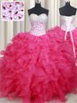 Stylish Hot Pink Sleeveless Beading and Ruffles Floor Length Quince Ball Gowns