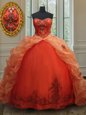 Suitable Orange Red Sweet 16 Dress Military Ball and Sweet 16 and Quinceanera and For with Beading and Embroidery and Pick Ups Sweetheart Sleeveless Brush Train Lace Up