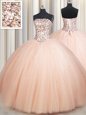 Affordable Strapless Sleeveless Sweet 16 Quinceanera Dress Floor Length Beading Peach Tulle