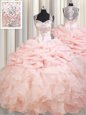 Straps Beading and Ruffles and Pick Ups Quinceanera Dress Pink Zipper Sleeveless Brush Train