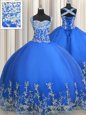 Tulle Straps Sleeveless Lace Up Beading and Appliques Sweet 16 Quinceanera Dress in Blue