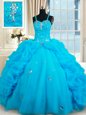 High Quality Straps Floor Length Baby Blue Quinceanera Gowns Organza Sleeveless Beading and Pick Ups
