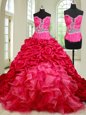 See Through Sweetheart Sleeveless Sweet 16 Dress With Train Chapel Train Beading and Ruffles and Pick Ups Coral Red Organza and Taffeta