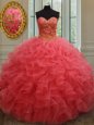 Sleeveless Organza Floor Length Lace Up Sweet 16 Quinceanera Dress in Coral Red for with Beading and Ruffles