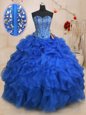 Trendy Royal Blue Sleeveless Organza Lace Up Sweet 16 Quinceanera Dress for Military Ball and Sweet 16 and Quinceanera