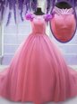 Scoop Rose Pink Quince Ball Gowns Tulle Court Train Cap Sleeves Beading and Hand Made Flower