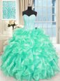 Turquoise Sleeveless Floor Length Beading and Ruffles Lace Up Vestidos de Quinceanera