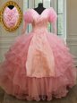 Trendy Ruffled Floor Length Ball Gowns Half Sleeves Baby Pink Quinceanera Gown Zipper