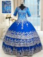 Custom Made Royal Blue Quince Ball Gowns Military Ball and Sweet 16 and Quinceanera and For with Beading and Lace and Ruffled Layers V-neck Half Sleeves Zipper
