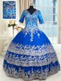 Custom Made Royal Blue Quince Ball Gowns Military Ball and Sweet 16 and Quinceanera and For with Beading and Lace and Ruffled Layers V-neck Half Sleeves Zipper