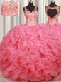 Adorable Pink Organza Backless Quince Ball Gowns Sleeveless Floor Length Beading and Ruffles