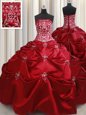 Strapless Sleeveless Quinceanera Dresses Floor Length Beading and Pick Ups Wine Red Taffeta