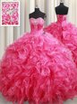 Stunning Hot Pink Sweetheart Lace Up Beading and Ruffles Quinceanera Dresses Brush Train Sleeveless