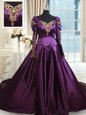 Dramatic Taffeta Off The Shoulder Long Sleeves Chapel Train Zipper Beading and Embroidery Quinceanera Dress in Dark Purple