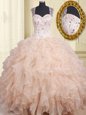 Straps Pink Organza Zipper Quinceanera Dress Cap Sleeves Floor Length Beading and Ruffles