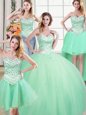 Unique Four Piece Sleeveless Tulle Floor Length Lace Up Quinceanera Gowns in Apple Green for with Beading