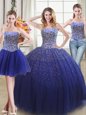 Three Piece Floor Length Lace Up 15th Birthday Dress Royal Blue and In for Military Ball and Sweet 16 and Quinceanera with Beading