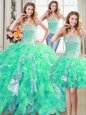 Three Piece Sequins Sweetheart Sleeveless Lace Up Ball Gown Prom Dress Turquoise Organza