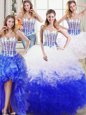 Deluxe Four Piece Sweetheart Sleeveless Lace Up 15 Quinceanera Dress White and Blue Organza