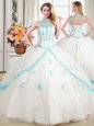 Popular Halter Top Floor Length White 15 Quinceanera Dress Tulle Sleeveless Beading and Appliques