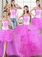 Four Piece Strapless Sleeveless Quinceanera Dress Floor Length Beading and Appliques and Ruffles Fuchsia Tulle