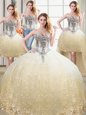 Four Piece Champagne Tulle and Lace Lace Up Vestidos de Quinceanera Sleeveless Floor Length Beading and Lace