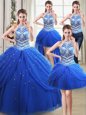 Four Piece Royal Blue Halter Top Neckline Beading and Pick Ups Quinceanera Dresses Sleeveless Lace Up