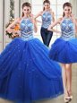 Custom Made Three Piece Halter Top Pick Ups Royal Blue Sleeveless Tulle Lace Up Quince Ball Gowns for Military Ball and Sweet 16 and Quinceanera