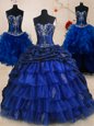 Classical Four Piece Royal Blue Ball Gowns Organza and Taffeta Sweetheart Sleeveless Beading and Ruffled Layers and Pick Ups With Train Lace Up 15 Quinceanera Dress Brush Train