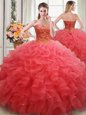 Discount Organza Sweetheart Sleeveless Lace Up Beading and Ruffles Sweet 16 Dresses in Coral Red