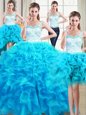 Adorable Four Piece Straps Baby Blue Sleeveless Floor Length Beading and Ruffles Lace Up Sweet 16 Dresses
