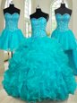 Four Piece Sweetheart Sleeveless Sweet 16 Quinceanera Dress Floor Length Beading and Ruffles Teal Organza