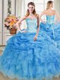 Organza Sweetheart Sleeveless Lace Up Beading and Ruffles and Pick Ups Sweet 16 Dress in Blue
