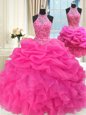 Three Piece Pick Ups Ball Gowns Quinceanera Gowns Hot Pink Halter Top Organza Sleeveless Floor Length Lace Up
